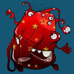 cartoon cheerful elephantlike creature of red color in asterisks with a thick trunk