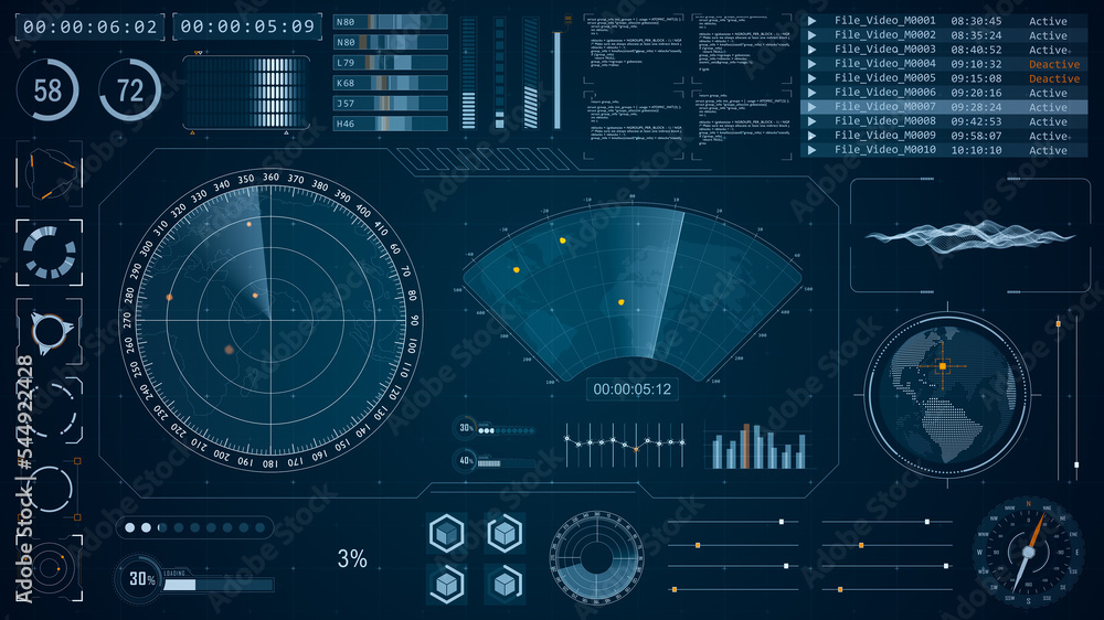 Poster blue color sonar radar screen searching an object with futuristic head up display ( hud ui ) technol