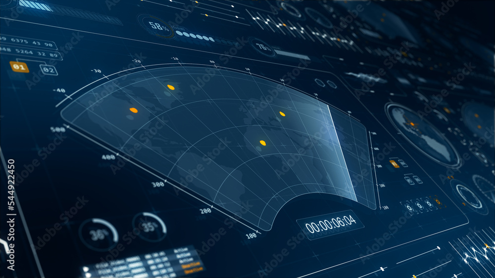 Poster 3d blue color sonar radar screen searching an object with futuristic head up display ( hud ui ) tech