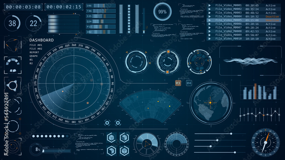 Poster blue color sonar radar screen searching an object with futuristic head up display ( hud ui ) technol