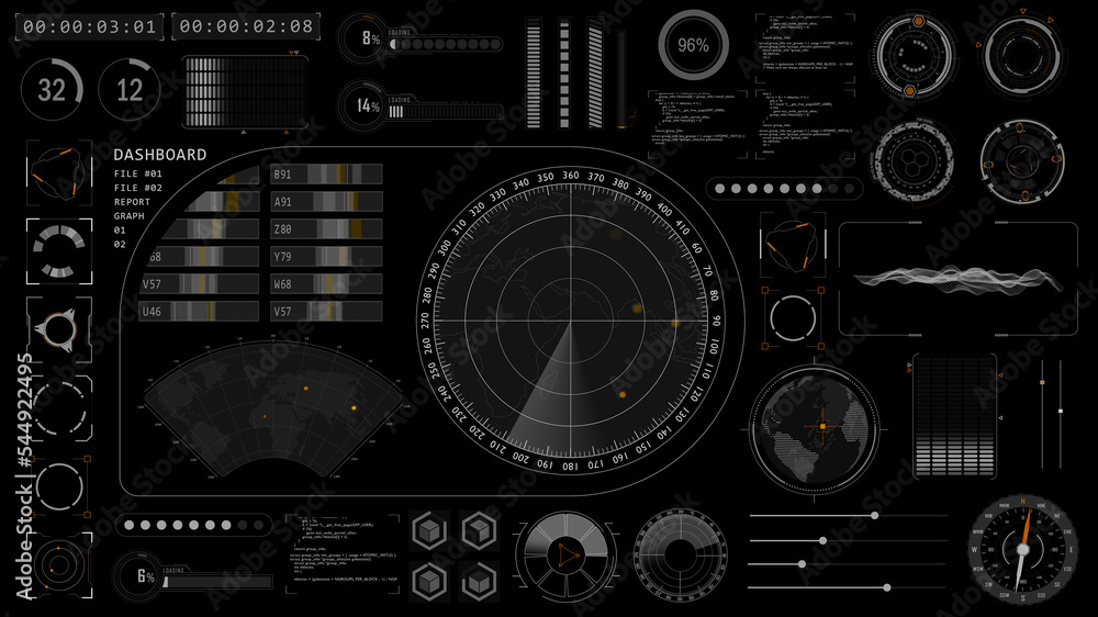 Poster sonar radar screen searching an object with futuristic head up display ( hud ui ) technology interfa