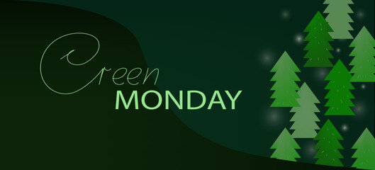 Green monday sale tree background. Vector 3d, cartoon illustration for banner.