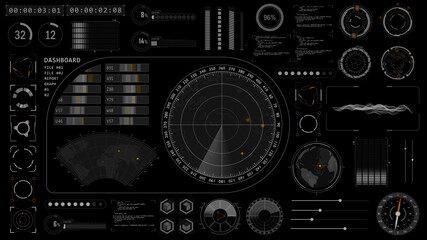 Sonar radar screen searching an object with futuristic head up display ( HUD UI ) technology interface screen and chat panel abstract background