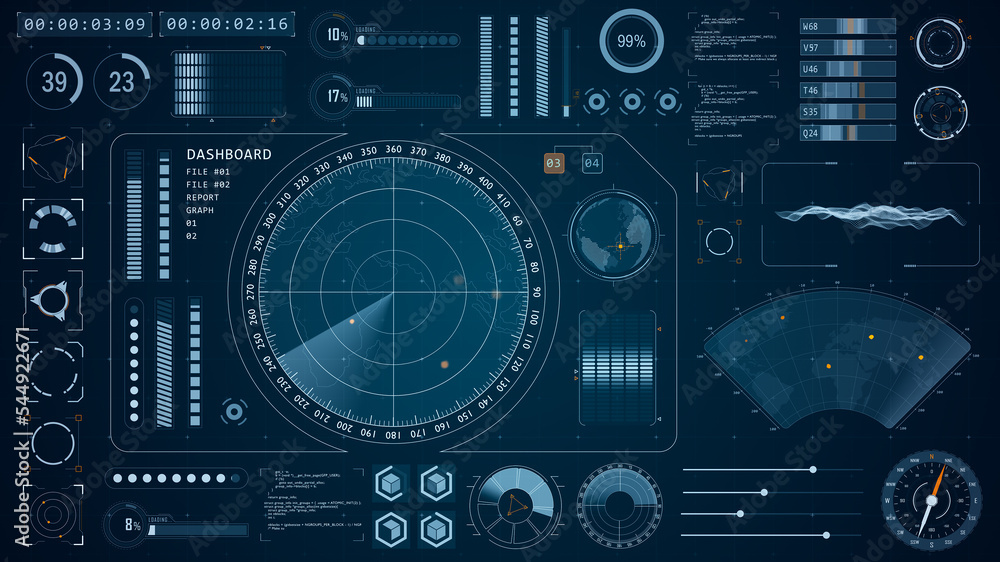 Poster blue color sonar radar screen searching an object with futuristic head up display ( hud ui ) technol
