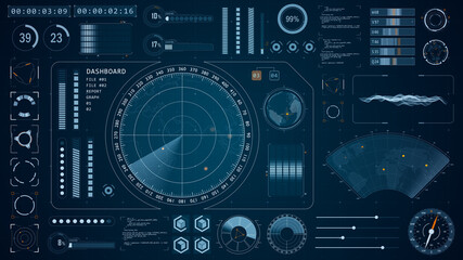 Blue color sonar radar screen searching an object with futuristic head up display ( HUD UI ) technology interface screen and chat panel abstract background - obrazy, fototapety, plakaty