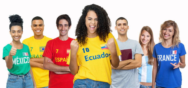 Cheering soccer fan from Ecuador with supporters from Spain Brazil Mexico Qatar Argentina and France