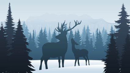 Nature mountains landscape silhouette. Winter coniferous forest with snow, frozen weather. Animals in the pine forest, deer stay in the woods. Vector illustration. Christmas background. 