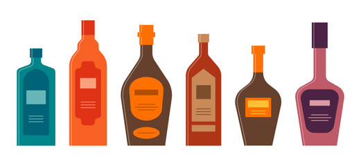 Bottle of gin rum whiskey balsam brandy liquor. Graphic design for any purposes. Flat style. Color form. Party drink concept. Simple image shape