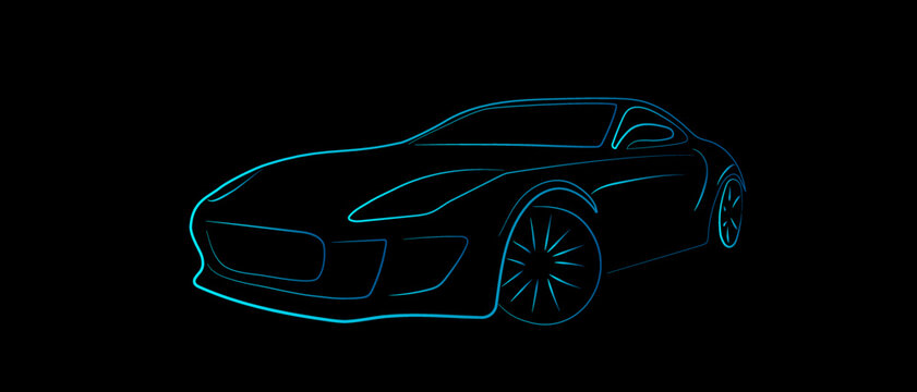 Modern sport car outline sketch silhouette blue and green light isolated on black background. Vector illustration in concept of technology, electric car, self drive car.