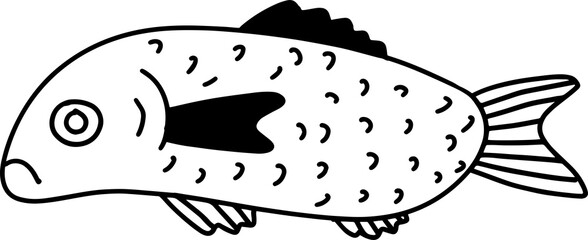 Black and white fish. Isolated river and lake trout. Doodle salmon outline. 