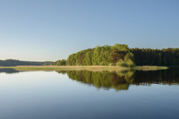 A peaceful landscape with a forest and a lake, mirrorlike water, symmetric reflections