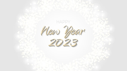 Fototapeta premium Happy New Year 2023 banner glittering golden circle. Gold sparkling ring with dust glitter graphic on white background. Beautiful numbers graphic design template. Luxurious gradient calendar