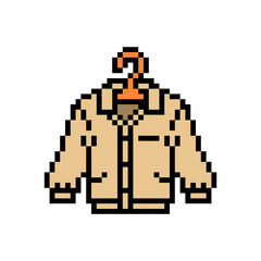 Pixel art sandy beige jacket on a hanger isolated on white background. Clothes icon. Old school retro vintage 90s, 80s 8 bit slot machine, 2d video game graphics