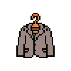 Pixel art brown suit jacket, blazer or sport coat on a hanger isolated on white background. Clothes icon. Old school retro vintage 90s, 80s 8 bit slot machine, 2d video game graphics