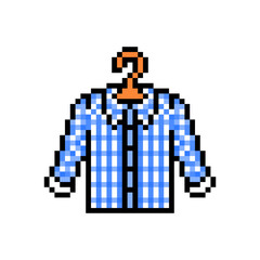 Pixel art symbol of a blue tartan flannel shirt on a hanger isolated on white background. Clothes icon. Old school retro vintage 90s, 80s 8 bit slot machine, 2d video game graphics.