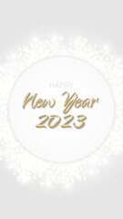 Happy New Year 2023 banner glittering golden circle. Gold sparkling ring with dust glitter graphic on white background. Beautiful numbers graphic design template. Luxurious gradient calendar