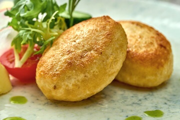 Diet mashed potatoes and turkey cutlets in a plate. Close-up, selective focus.
