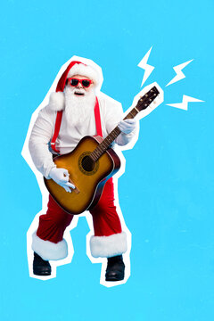 Creative photo 3d collage artwork poster postcard picture of funny man santa claus costume play guitar isolated on painting background