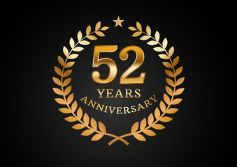 Vector graphic of Anniversary celebration background. 52 years golden anniversary logo with laurel wreath on black background. Good design for wedding party event, birthday, invitation, brochure, etc