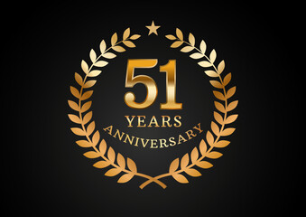 Vector graphic of Anniversary celebration background. 51 years golden anniversary logo with laurel wreath on black background. Good design for wedding party event, birthday, invitation, brochure, etc