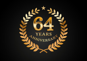 Vector graphic of Anniversary celebration background. 64 years golden anniversary logo with laurel wreath on black background. Good design for wedding party event, birthday, invitation, brochure, etc