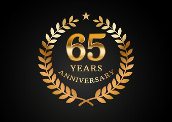 Vector graphic of Anniversary celebration background. 65 years golden anniversary logo with laurel wreath on black background. Good design for wedding party event, birthday, invitation, brochure, etc