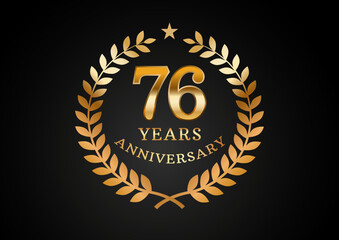 Vector graphic of Anniversary celebration background. 76 years golden anniversary logo with laurel wreath on black background. Good design for wedding party event, birthday, invitation, brochure, etc