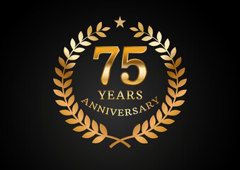 Vector graphic of Anniversary celebration background. 75 years golden anniversary logo with laurel wreath on black background. Good design for wedding party event, birthday, invitation, brochure, etc