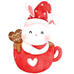 Bunny christmas and new year in coffee cup.cute animal watercolor sweet in hot chocloate cup.