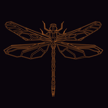 Dibujo vectorial lineal de una libelula color amarillo sobre un fondo negro ideal para corte de vinil o corte en madera