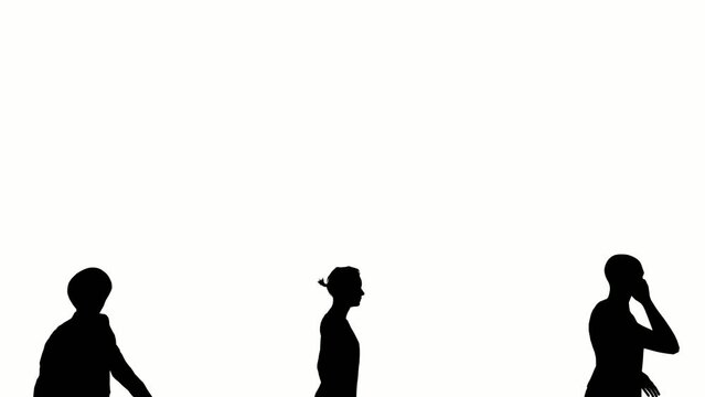 silhouette people walk on white background. silhouette black people walking communicate white screen. design for animation, people standing, isolate, speak, person, human, silhouette body.