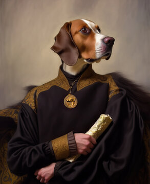 Portrait Of A Dog Man In A Costume. Anthropomorphic Dog. Digital Illustration. Renaissance Style.