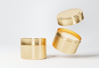 Container gold candle tin box mock-up on gray background 3D render