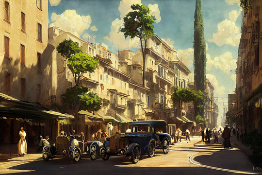 AI generated image of a street in a Mediterranean city in the 1920s 
