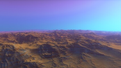Exoplanet fantastic landscape. Beautiful views of the mountains and sky with unexplored planets. 3D illustration.
