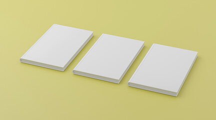 3d rendering left tilt three blank books placed together and a book leaning on them, isolated yellow background, softcover square book on white background surface Perspective view