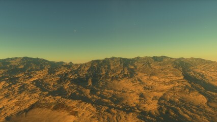 realistic surface of an alien planet, view from the surface of an exo-planet, canyons on an alien planet, stone planet, desert planet 3d render
