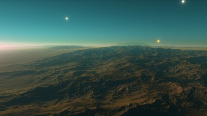 Exoplanet fantastic landscape. Beautiful views of the mountains and sky with unexplored planets. 3D illustration.
