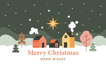 Merry Christmas greeting card. Vector cartoon illustration with three village houses on the background of a snowy night landscape with a Christmas star in the sky. Modern illustration in flat style