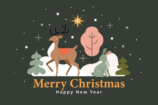 Merry Christmas greeting card. Vector cartoon illustration with reindeer and rabbit on night snowy landscape with christmas star in the sky. Modern illustration in flat style
