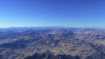 Mars like red planet, with arid landscape, rocky hills and mountains, for space exploration and science fiction backgrounds.
