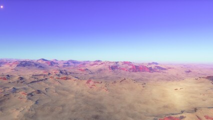 Mars like red planet, with arid landscape, rocky hills and mountains, for space exploration and science fiction backgrounds.
