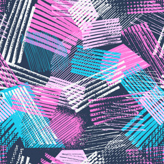 Abstract seamless geometric pattern with urban elements, scuffed, drops, sprays, triangles, neon spray paint. Grunge texture background. Wallpaper for boys, girls. Creative original repeated backdrop