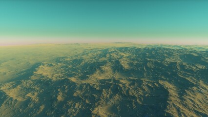 Mars like red planet, with arid landscape, rocky hills and mountains, for space exploration and science fiction backgrounds.
