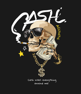 head skull in sunglasses holding cash vector illustration on black background