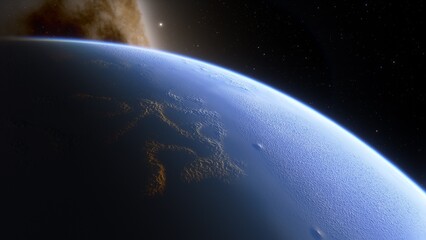 super-earth planet, realistic exoplanet, planet suitable for colonization, earth-like planet in far space, planets background 3d render
