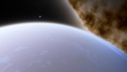 super-earth planet, realistic exoplanet, planet suitable for colonization, earth-like planet in far space, planets background 3d render
