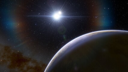 Naklejka premium super-earth planet, realistic exoplanet, planet suitable for colonization, earth-like planet in far space, planets background 3d render 