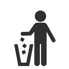 Icon man throws garbage into the trash. black icon on a white background.