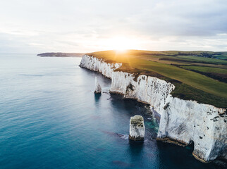 Old Harry Rocks, South Coast, Jurrasic Coast, Dorset, UK. Aerial view of rugged coastline and sea...